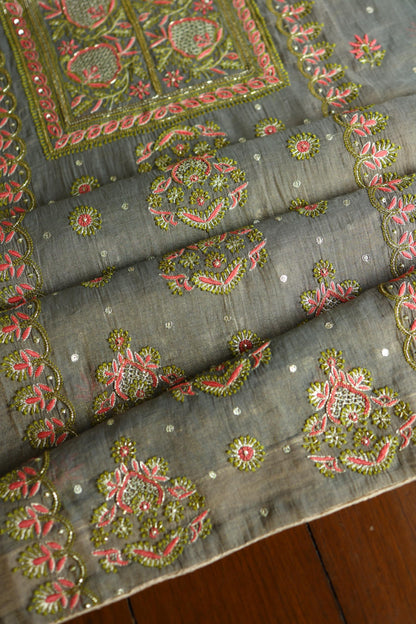 Sage Grey Shade Tissue Silk Chikankari Unstitched Fabric