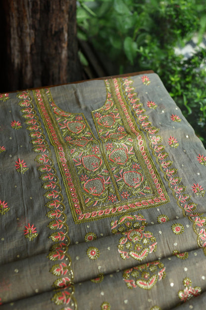 Sage Grey Shade Tissue Silk Chikankari Unstitched Fabric