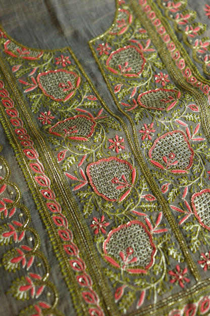 Sage Grey Shade Tissue Silk Chikankari Unstitched Fabric
