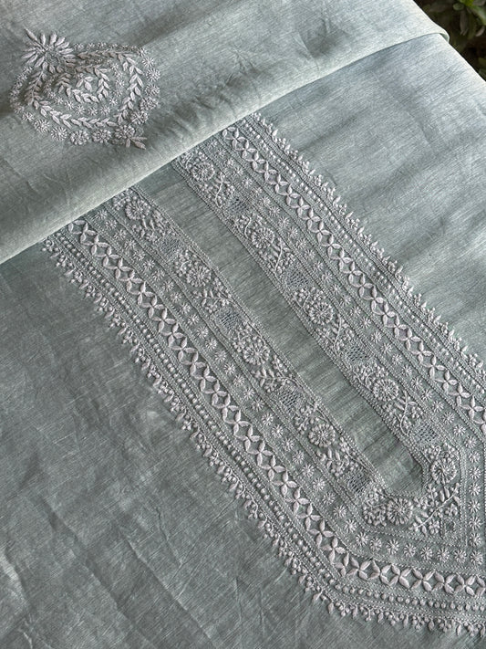 Sage Green Linen Chikankari Unstitched Men's Kurtas Fabric