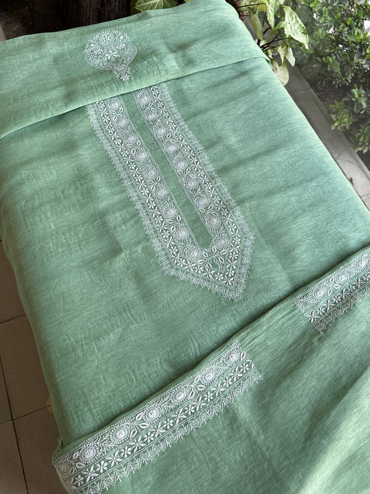 Sage Green Linen Chikankari Unstitched Men's Kurtas Fabric