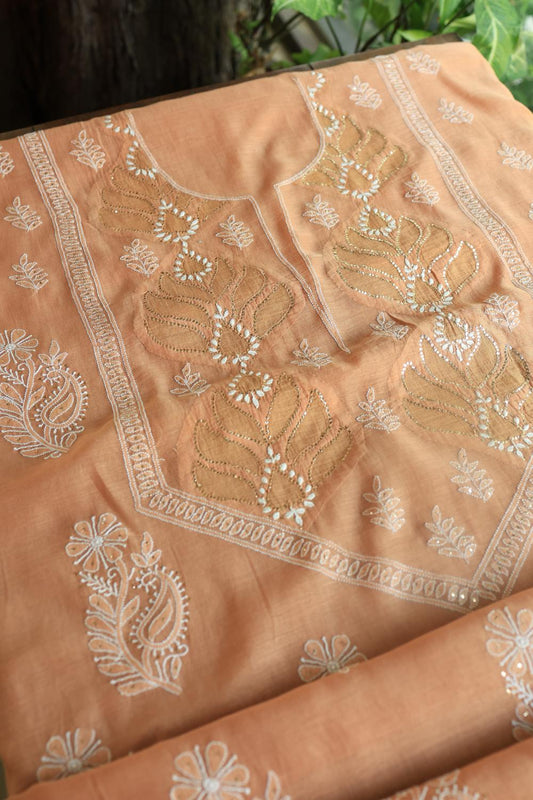 Salmom Peach Daraz Chanderi Chikankari Kurta Fabrics