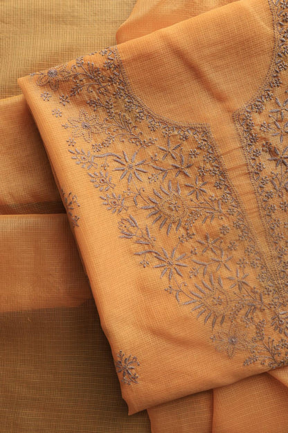 Salmon Peach Kota Chikankari Unstitched Fabric