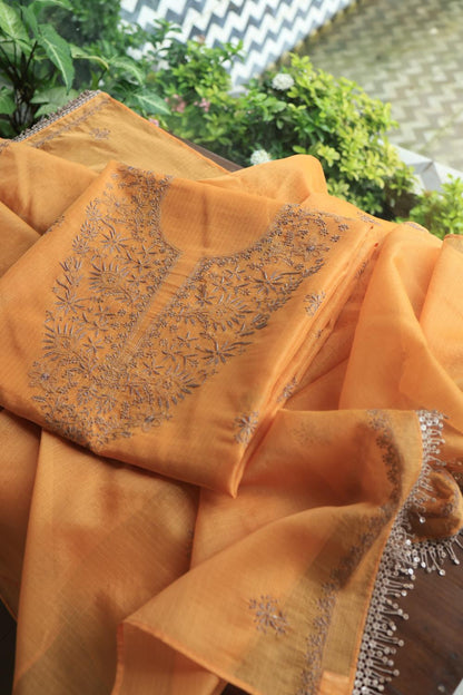 Salmon Peach Kota Chikankari Unstitched Fabric