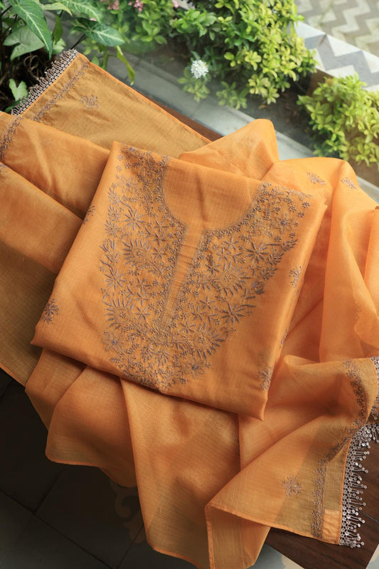 Salmon Peach Kota Chikankari Unstitched Fabric