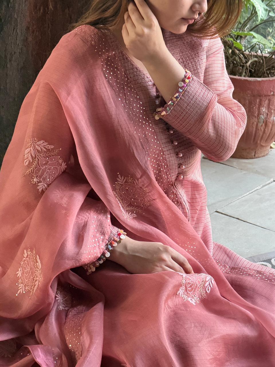 Salmon Pink Tissue Silk Dagla Kurta Set