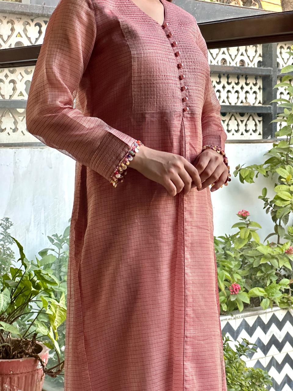 Salmon Pink Tissue Silk Dagla Kurta Set