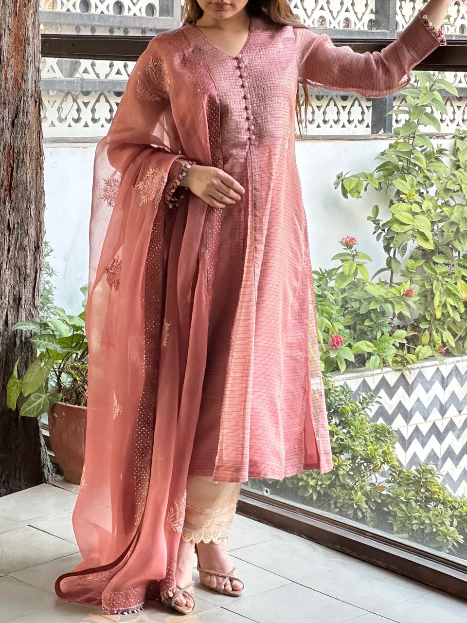 Salmon Pink Tissue Silk Dagla Kurta Set