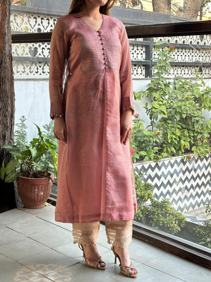 Salmon Pink Tissue Silk Dagla Kurta Set