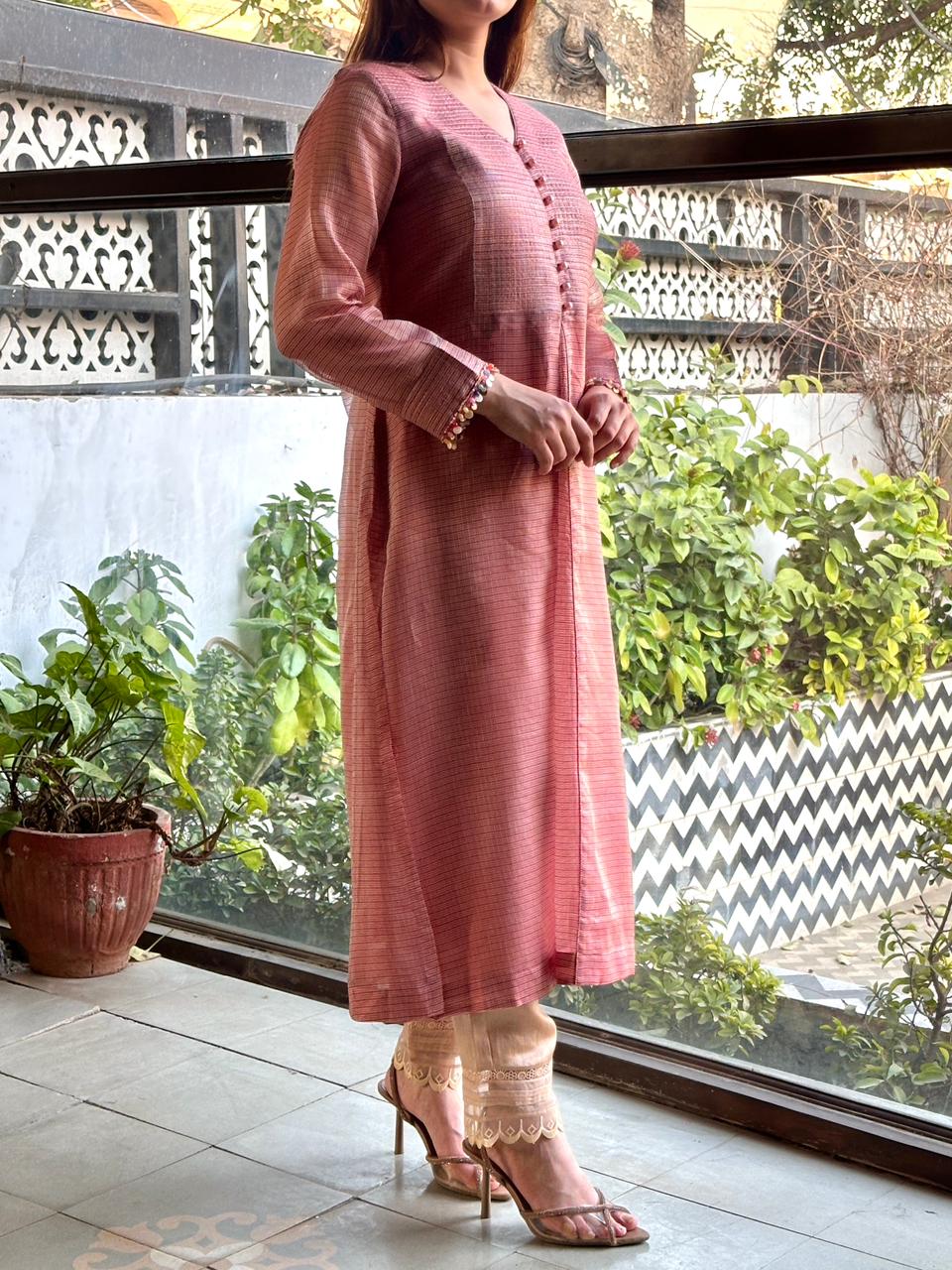 Salmon Pink Tissue Silk Dagla Kurta Set