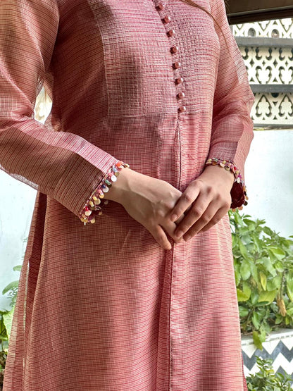 Salmon Pink Tissue Silk Dagla Kurta Set