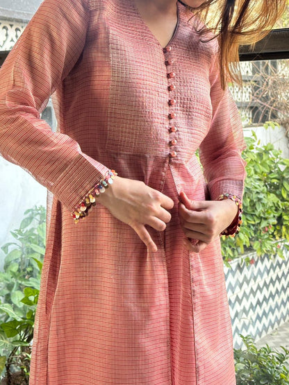Salmon Pink Tissue Silk Dagla Kurta Set