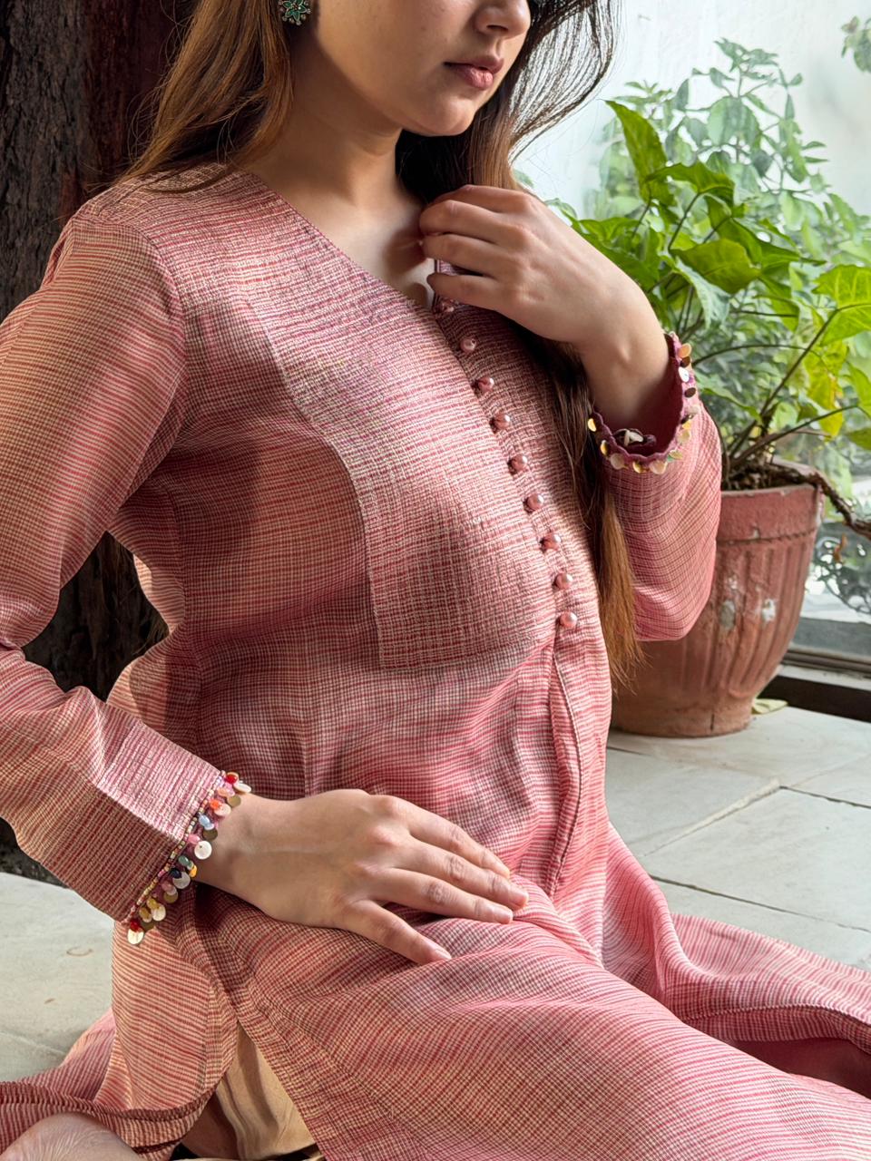 Salmon Pink Tissue Silk Dagla Kurta Set