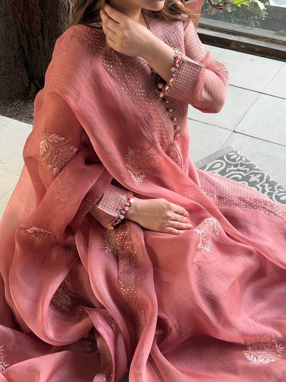 Salmon Pink Tissue Silk Dagla Kurta Set