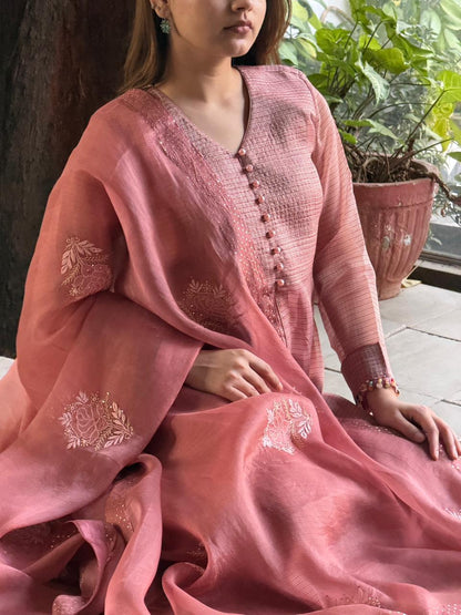 Salmon Pink Tissue Silk Dagla Kurta Set
