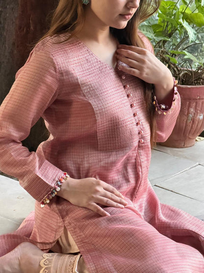 Salmon Pink Tissue Silk Dagla Kurta Set