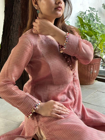 Salmon Pink Tissue Silk Dagla Kurta Set