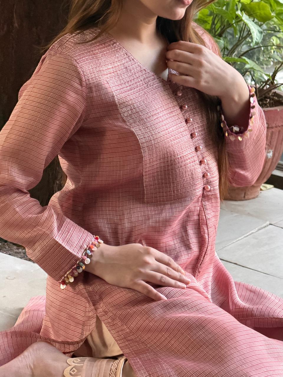 Salmon Pink Tissue Silk Dagla Kurta Set