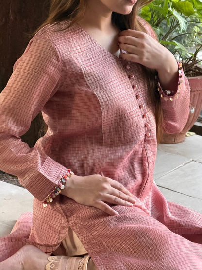 Salmon Pink Tissue Silk Dagla Kurta Set