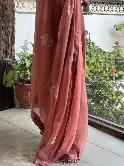 Salmon Pink Tissue Silk Dagla Kurta Set