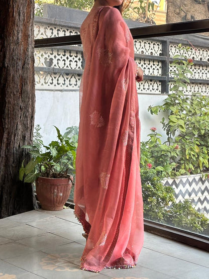 Salmon Pink Tissue Silk Dagla Kurta Set