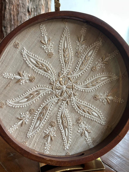 Saman Fawn Silk Chikankari Tray with Zari Work