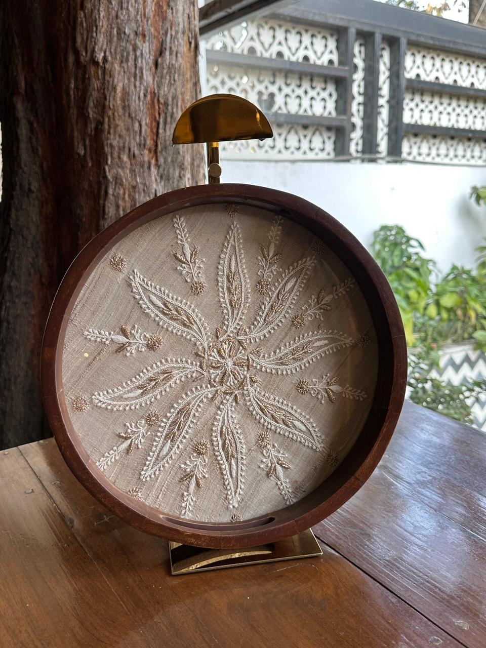 Saman Fawn Silk Chikankari Tray with Zari Work