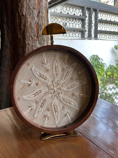 Saman Fawn Silk Chikankari Tray with Zari Work