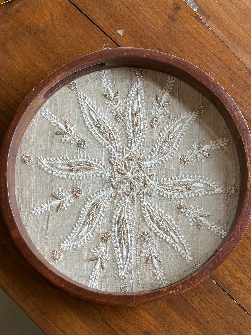 Saman Fawn Silk Chikankari Tray with Zari Work