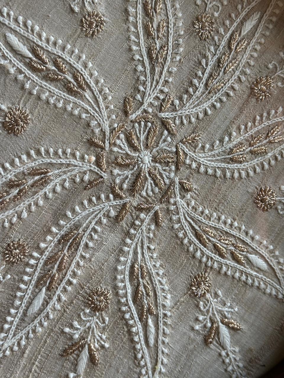 Saman Fawn Silk Chikankari Tray with Zari Work