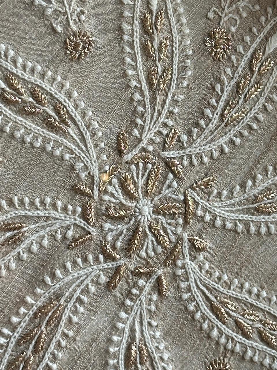 Saman Fawn Silk Chikankari Tray with Zari Work