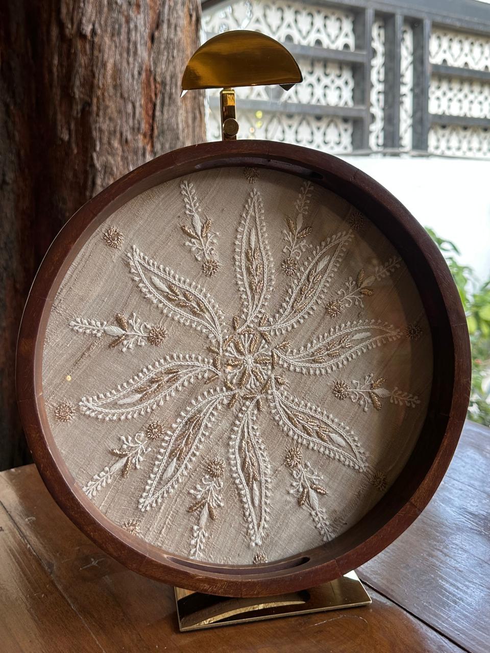 Saman Fawn Silk Chikankari Tray with Zari Work