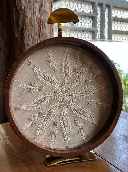 Saman Fawn Silk Chikankari Tray with Zari Work