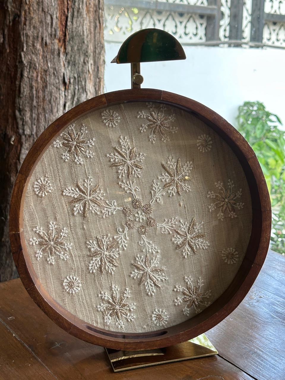 Saman Natural Beige Silk Chikankari Tray with Zari Work
