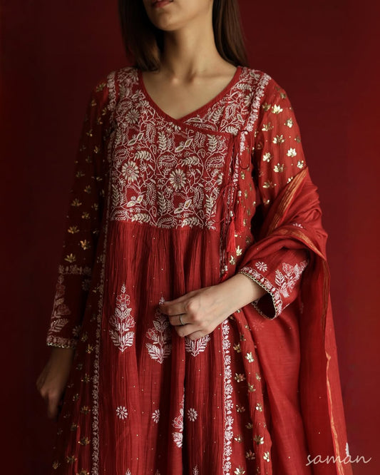 Saman Watermelon Red | Malmal Mukaish Chikankari Angarkha