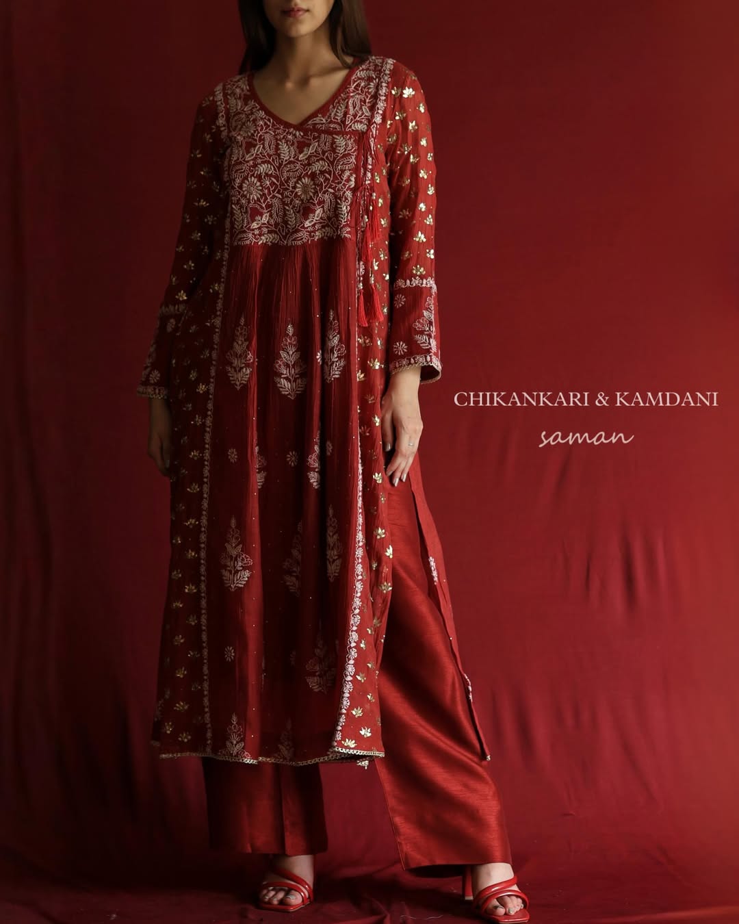 Saman Watermelon Red | Malmal Mukaish Chikankari Angarkha