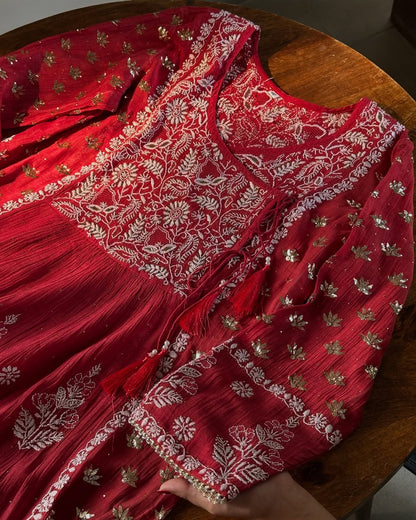 Saman Watermelon Red | Malmal Mukaish Chikankari Angarkha