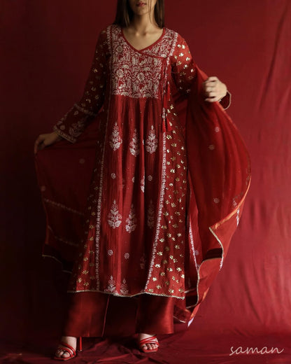 Saman Watermelon Red | Malmal Mukaish Chikankari Angarkha
