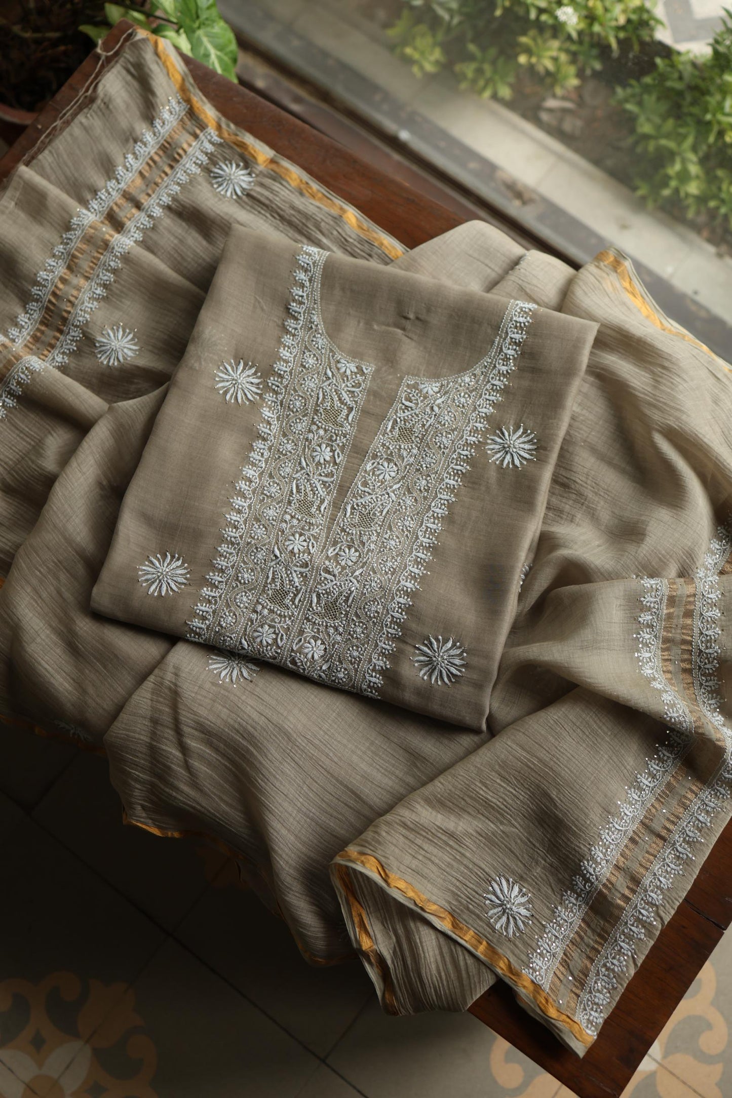 Sand Grey Mal Cotton Chikankari Unstitched Fabrics With Kamdani