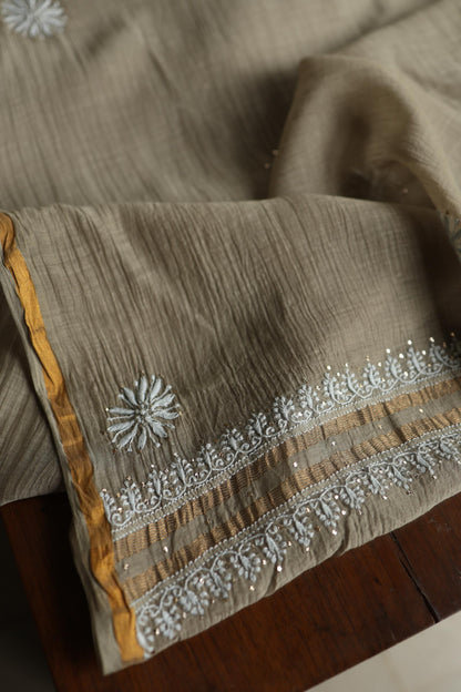 Sand Grey Mal Cotton Chikankari Unstitched Fabrics With Kamdani