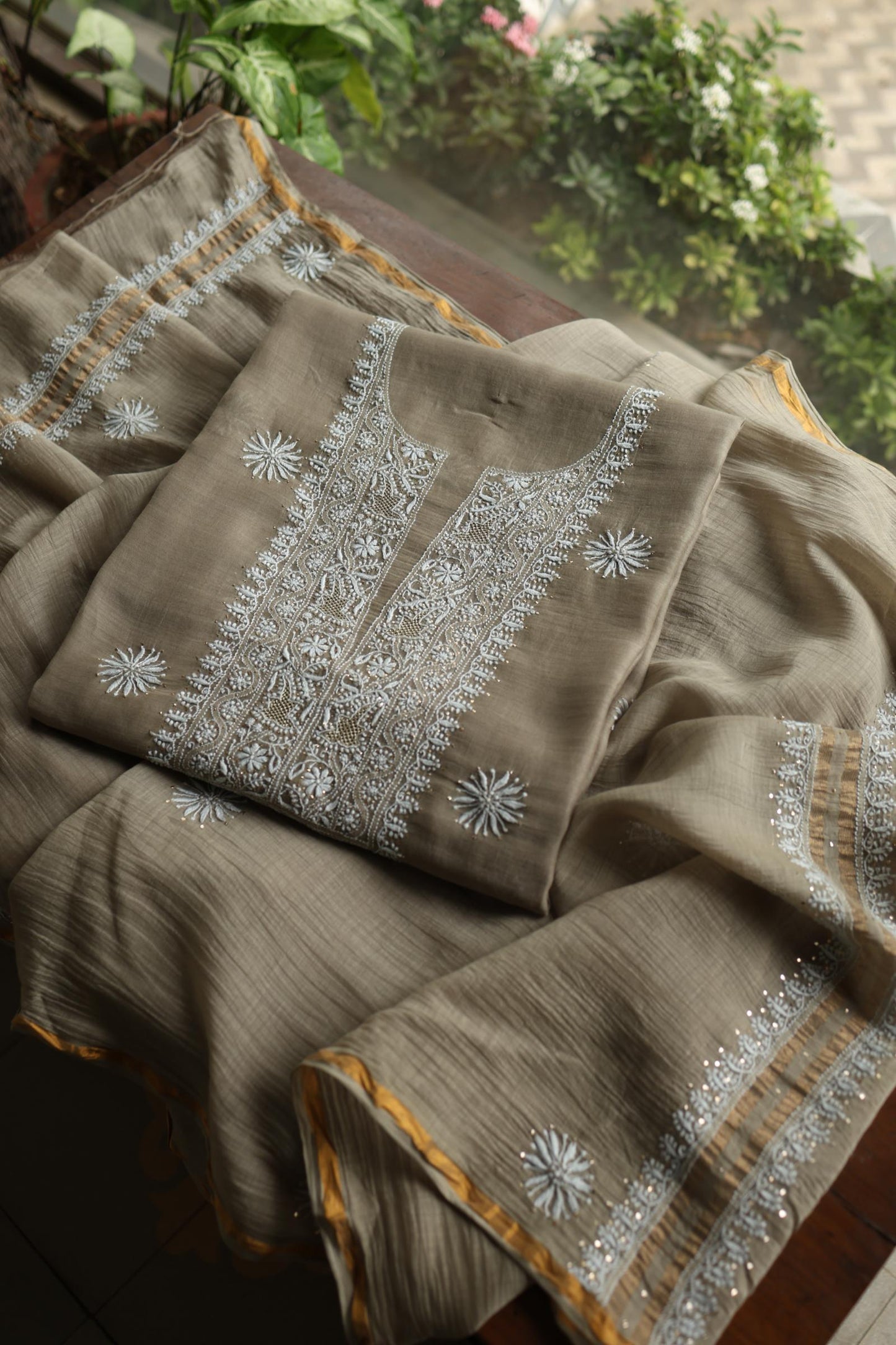Sand Grey Mal Cotton Chikankari Unstitched Fabrics With Kamdani