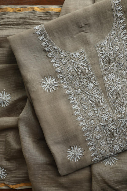 Sand Grey Mal Cotton Chikankari Unstitched Fabrics With Kamdani