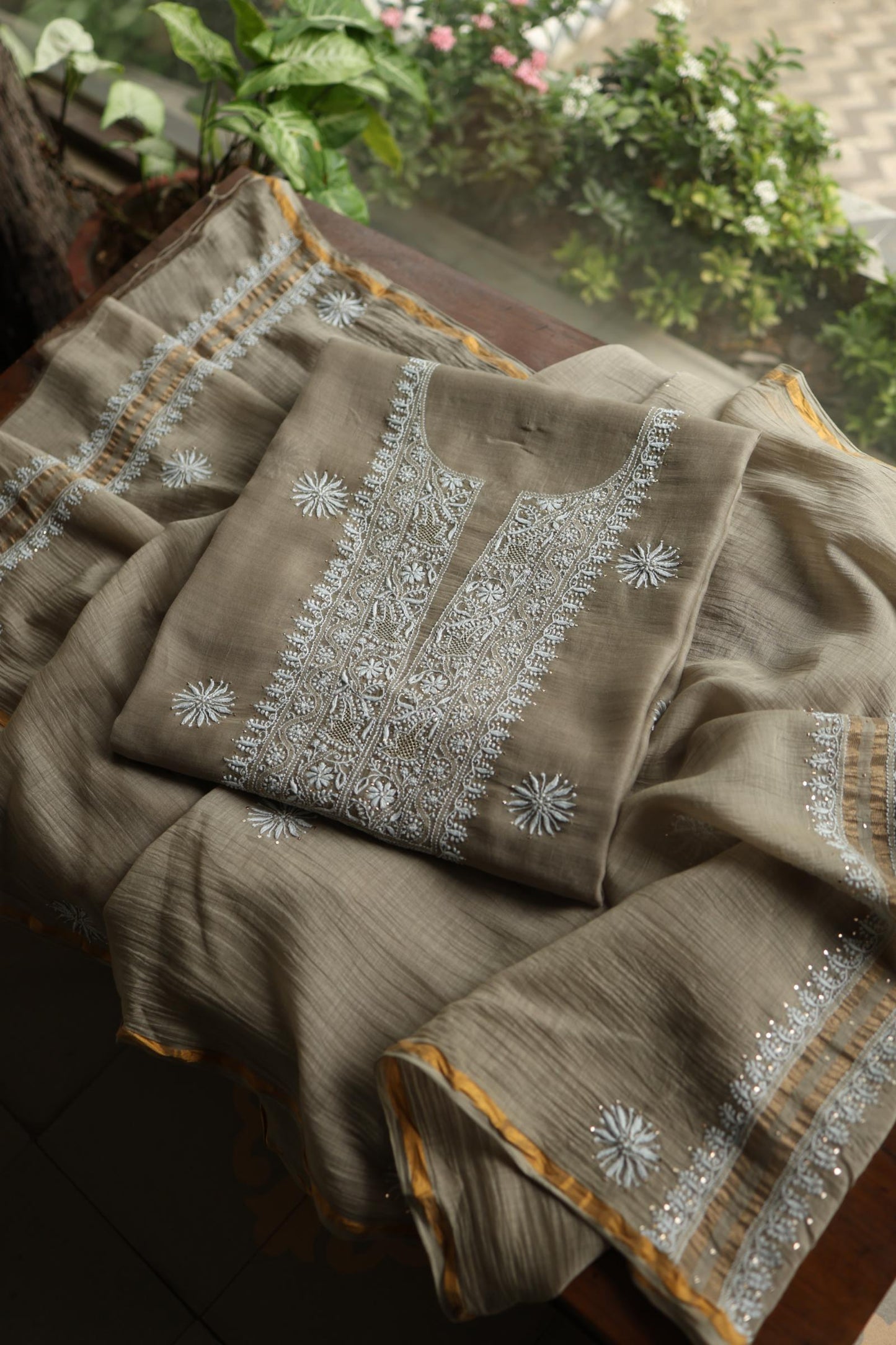 Sand Grey Mal Cotton Chikankari Unstitched Fabrics With Kamdani