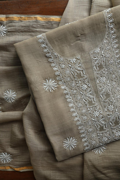 Sand Grey Mal Cotton Chikankari Unstitched Fabrics With Kamdani