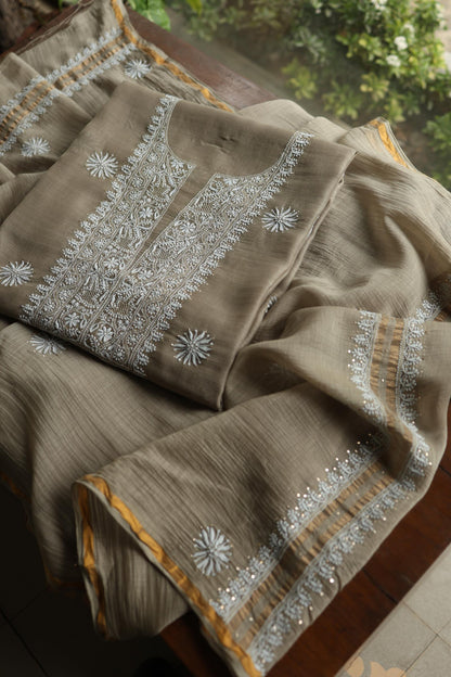 Sand Grey Mal Cotton Chikankari Unstitched Fabrics With Kamdani
