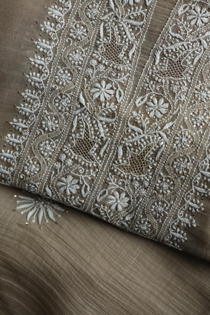 Sand Grey Mal Cotton Chikankari Unstitched Fabrics With Kamdani