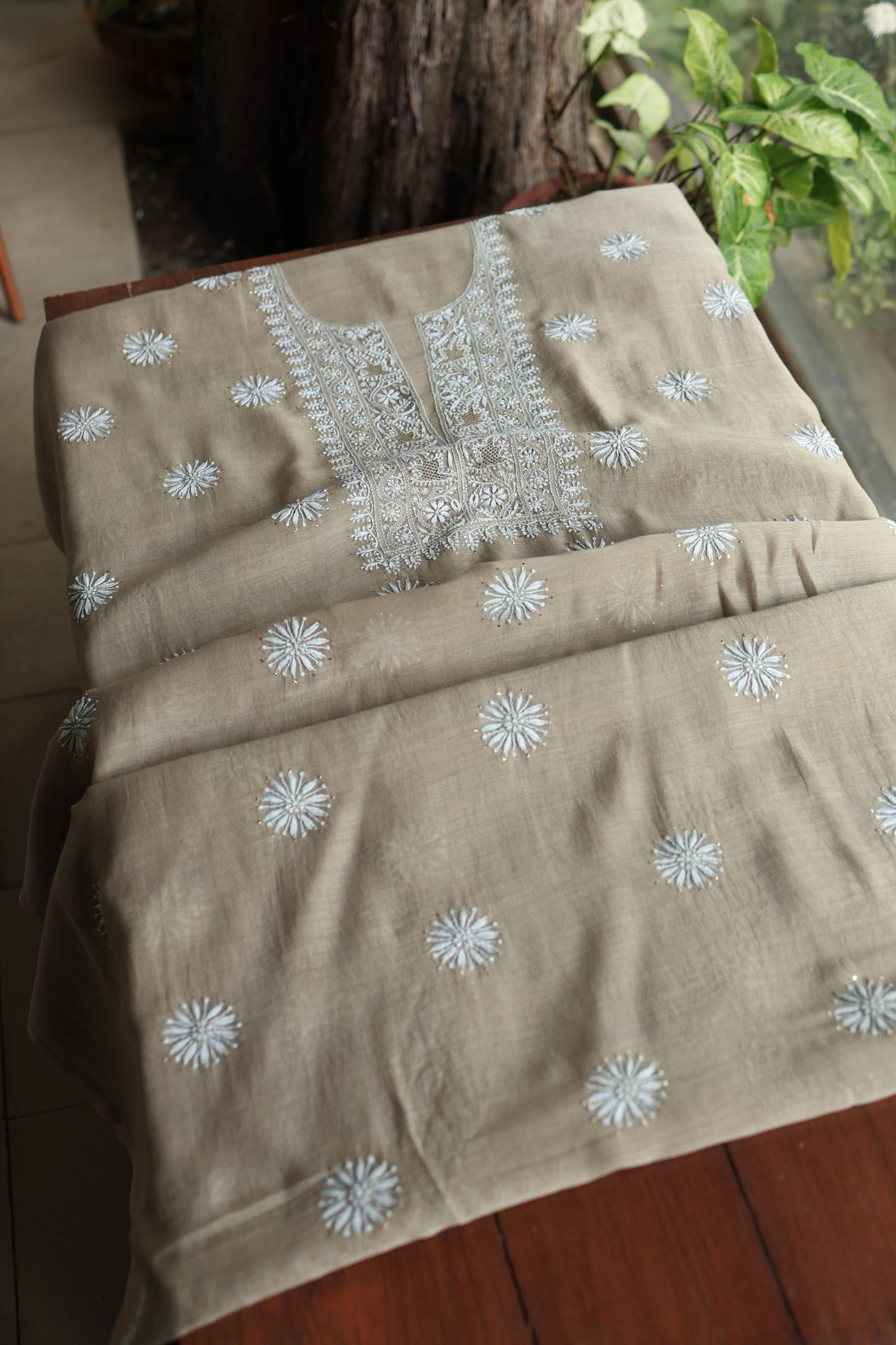 Sand Grey Mal Cotton Chikankari Unstitched Fabrics With Kamdani