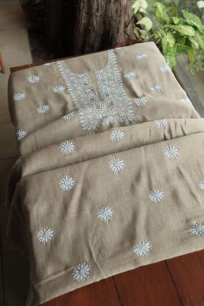 Sand Grey Mal Cotton Chikankari Unstitched Fabrics With Kamdani