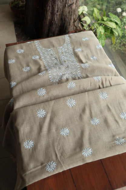 Sand Grey Mal Cotton Chikankari Unstitched Fabrics With Kamdani