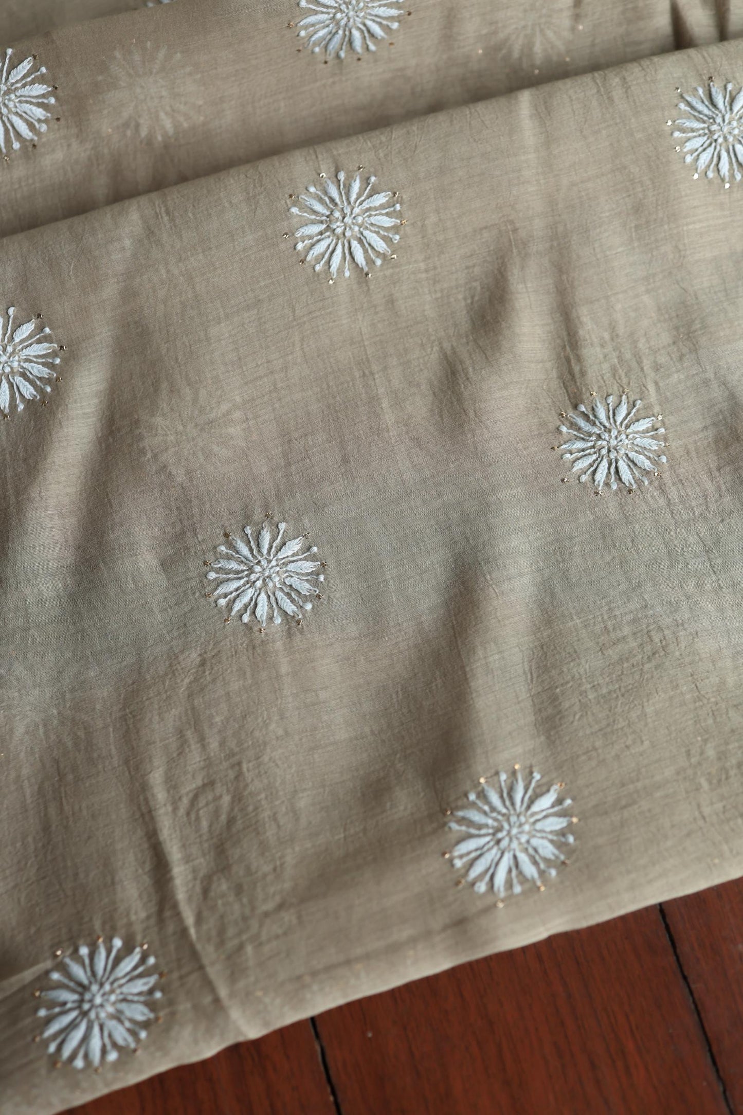 Sand Grey Mal Cotton Chikankari Unstitched Fabrics With Kamdani